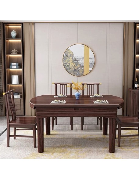 Chinese solid wood dining table and chairs telescopic modern simple household round eating table