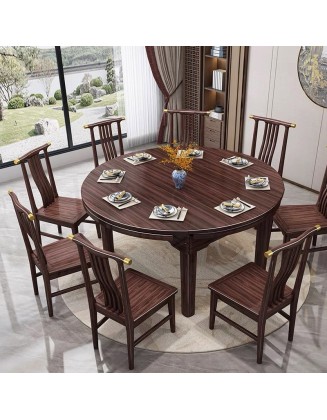 Chinese solid wood dining table and chairs telescopic modern simple household round eating table