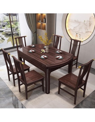 Chinese solid wood dining table and chairs telescopic modern simple household round eating table